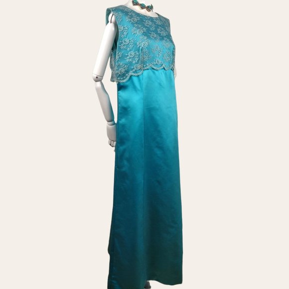 Vintage 1960s MOD Aqua Cocktail Dress Party Gown Lace Bodice Turquoise Satin M - Picture 6 of 13